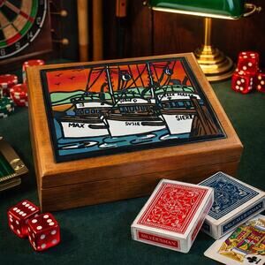 Silver King Craftsman VTG Wood Nautical Tile Lidded Box – Holds 2 New Card Decks